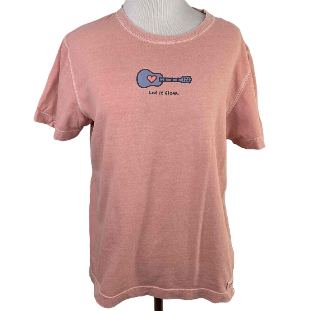 Life Is Good Pink Short Sleeve Guitar Let It Flow Graphic T-Shirt Size Small